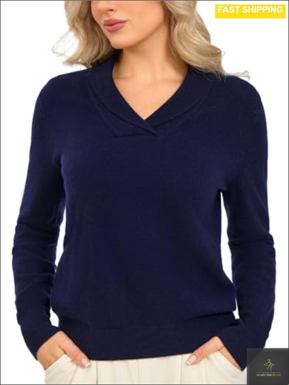 100% Merino Wool Women's V Neck Shawl Collar Pullover Sweater